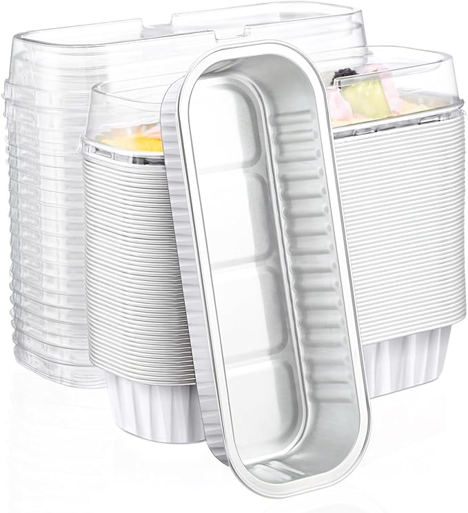 EUSOAR Disposable Ramekins, 50pcs 6.8oz White Mini Cake Loaf Pans with Lids, Aluminum Foil Ramekins Muffin Liners Baking Cups Containers Holders Creme Brulee Tins for Birthday Wedding Party
