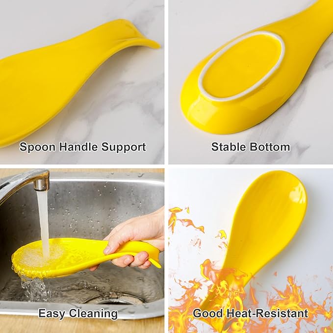 Ceramic Spoon Holder for Stove Top, Large Cooking Spoon Rest for Kitchen Counter, Hasense 8.7 Inch Utensil Rest for Spatula, Ladle and Tong, Microwave Safe, Yellow