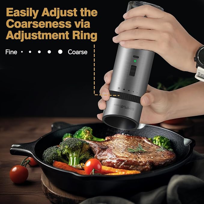 SIMPLETASTE Gravity Electric Pepper Mill and Salt Grinder Set Rechargeable with LED Light, Stainless Steel Body, Adjustable Coarseness for Pepper and Salt, gift to Men/Women