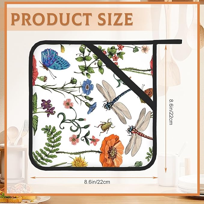 Dragonfly Butterfly Botanical Pot Holders Set of 2, Kitchen Heat Resistant Potholder for Microwave Cooking Baking Oven End Dishes and BBQ
