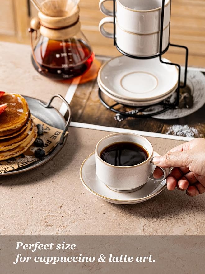 Gomakren 6 Ounce Cappuccino Cups with Saucers and Metal Stand, Stackable Coffee Cup Set of 4, Halloween Porcelain Espresso Cups for Coffee Drinks, Cappuccino, Latte, Americano, Tea, White