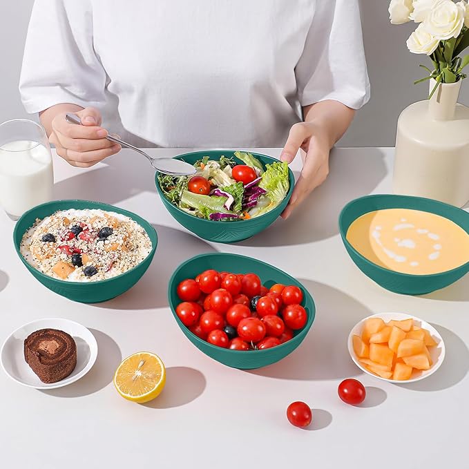 Wheat Straw Cereal Bowls Set of 4, Plastic Bowls Reusable 26 OZ, Unbreakable Bowl for Kitchen, Salad, Fruit, Cereal, Popcorn, Dishwasher and Microwave Safe Serving Bowl for Camping - Green