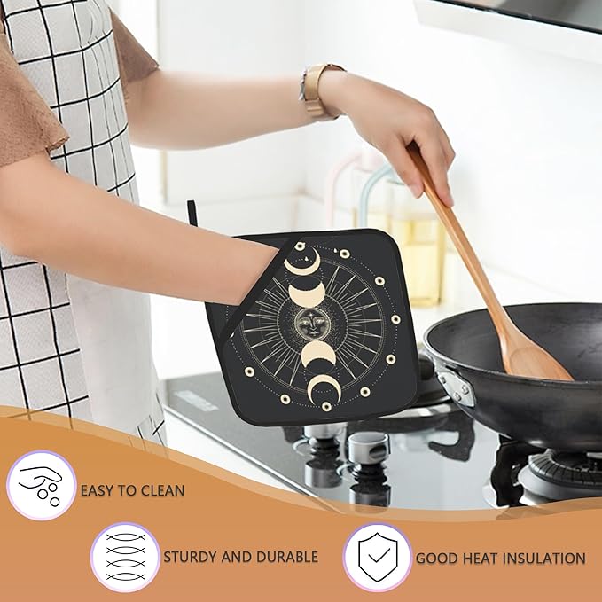 2PCS Star Mystic Sun Astrology Tarot Goth Pot Holder with Loop,Heat Resistant Oven Pads, Hot Pat for Kitchen Cooking Baking Food