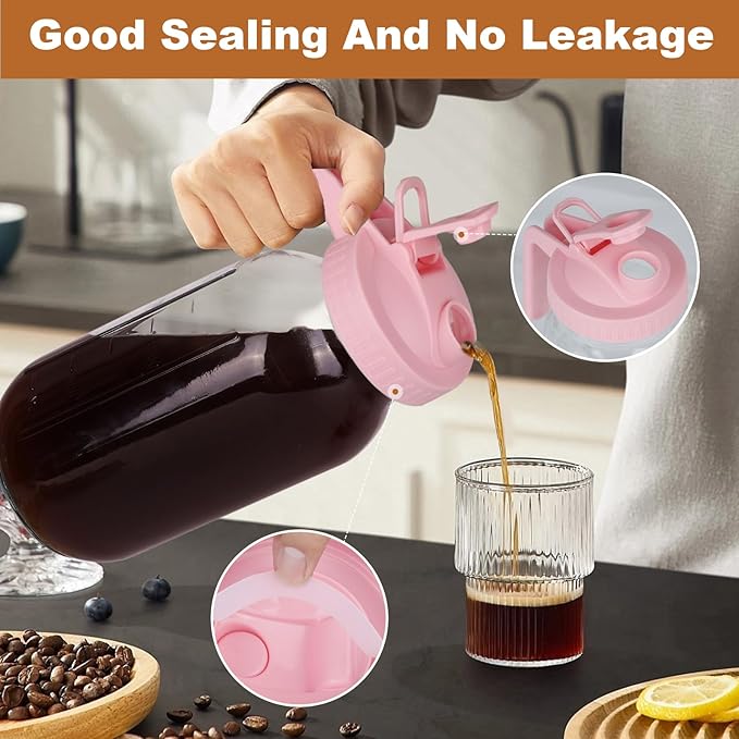Cold Brew Coffee Maker,64 oz Wide Mouth Mason Jar Pitcher with Stainless Steel Filter, Pour Spout Handle Lid, Heavy Duty Glass Airtight & Leak-Proof Pitcher for iced coffee & Tea Lemonade-Pink