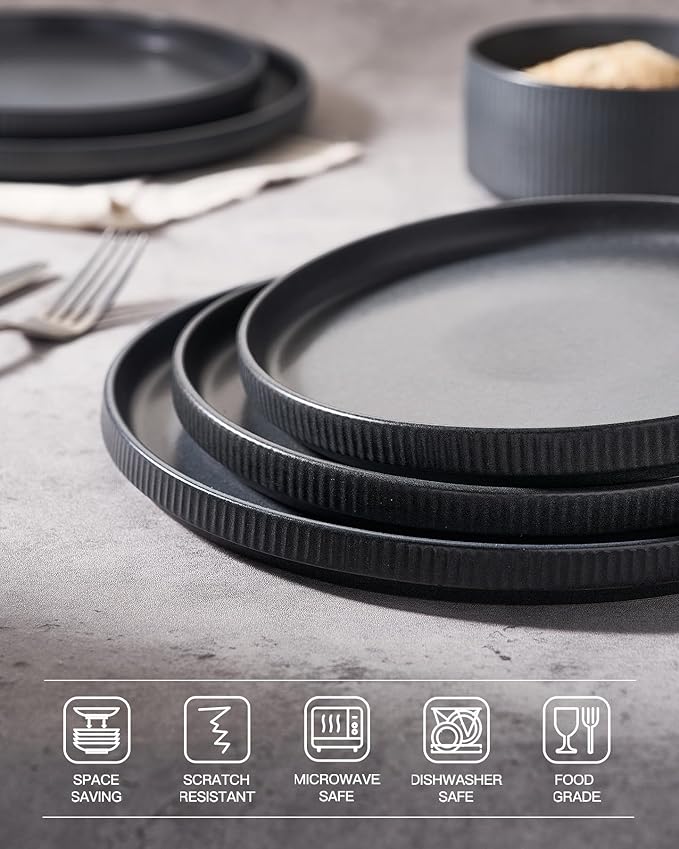 famiware Star Salad Plates for 6, 8 inches Plate Set, Stoneware Dinnerware, Small Dinner Plates for Dessert, Salad, Appetizer, Matte Dark Charcoal (Full Glaze)