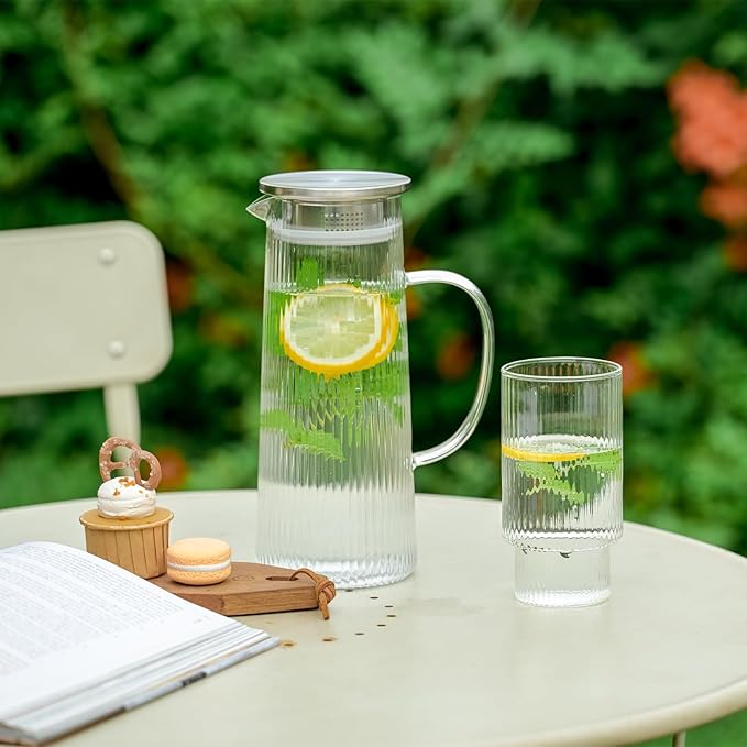 Ribbed Drinking Glasses Set of 6, 14oz Water Glasses,Vintage Glass Cups,Clear Glass Tumbler,Ribbed Glassware for Cocktail,Iced Coffee,Juice,Mojito,Decor,Gifts