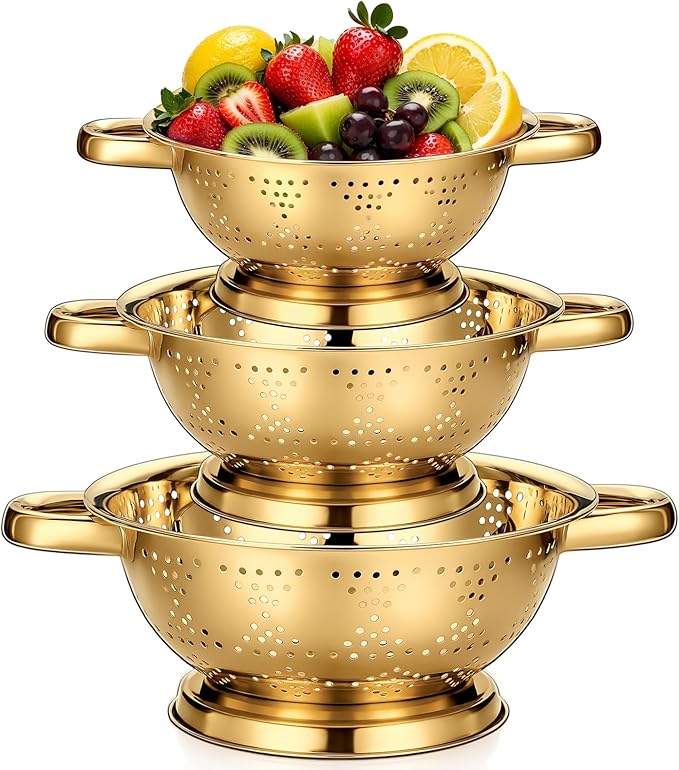 3 Pcs Gold Colander Set 1/2.5/4 Quart Stainless Steel Colander Gold Strainer Basket with Handles Kitchen Strainer for Draining Spaghetti Pasta, Rinsing Vegetables or Fruits