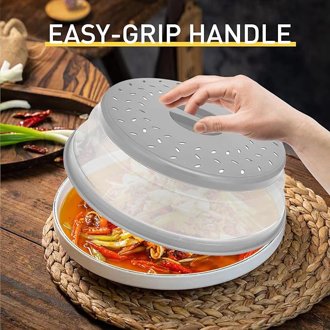 Collapsible Microwave Splatter Cover, Vented Microwave Lid with Hook Hole, Splatter Guard for Plate Dish Bowl, Vegetable Fruit Colander Multi-function Kitchen Gadget, BPA-Free (Grey)