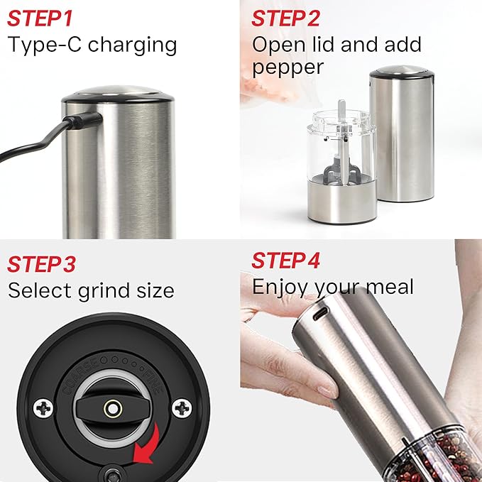 Electric Salt and Pepper Grinder – Automatic One-Handed Operation, Rechargeable Stainless Steel Mills, LED Light, 5-Level Adjustable Coarseness