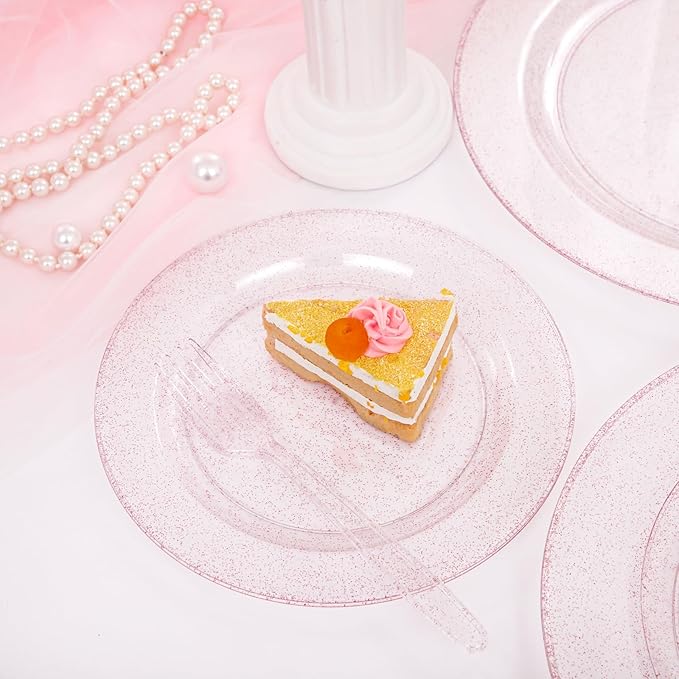 WDF 120pcs Pink Plastic Plates Disposable - Clear Pink Glitter Plates for Valentine's Day/Wedding including 60PCS Dinner Plates 10.25inch and 60PCS Salad Plates 7.5inch for Wedding/Party