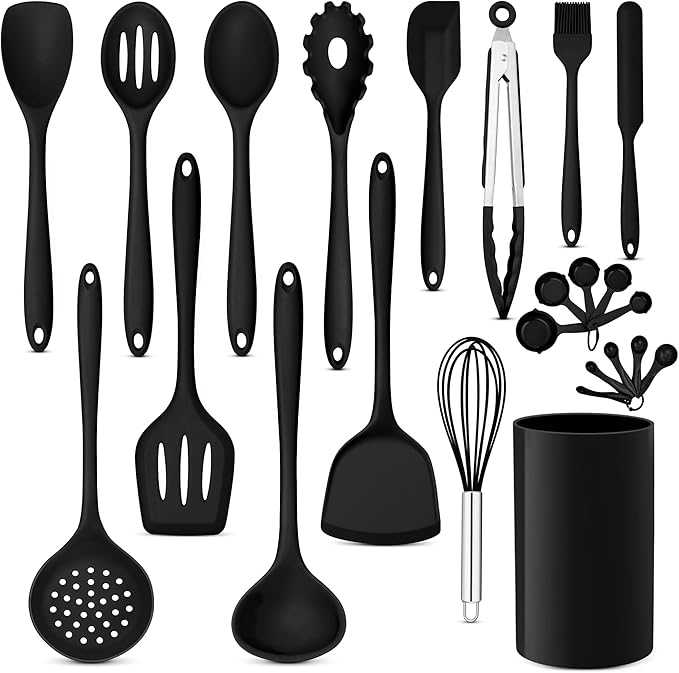 E-far Silicone Cooking Utensils Set, 24Pcs Heat Resistant Kitchen Utensil with Holder, Silicone Kitchen Tools with Spatula Turner Spoon Tongs Whisk, Non-Toxic & Dishwasher Safe (Black)