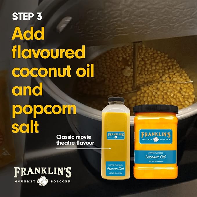 Franklin's Gourmet Popcorn - Movie Night Bundles - Whirley Popper, 28 oz. Organic Popcorn Kernels, 19 oz. Butter Flavored Salt, 30 oz. Butter Flavored Coconut Oil