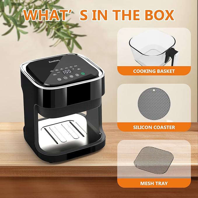 Glass Air Fryer with 8-in-1 Preset Cook Modes, 4.5 QT Transparent Viewing Pot, Non-Toxic, Dishwasher Safe, 97% Less Oil, Precise Temperature Control & Timer, Stainless Tray & Silicon Coaster Included