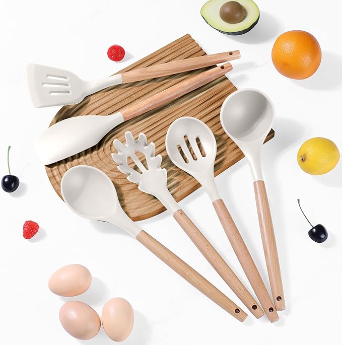 P&P CHEF Cooking Utensils Set, 6 PCS Kitchen Utensils with Wooden Handle, Silicone Spatula for Nonstick Cookware, Easy Clean & Non-toxic, Khaki