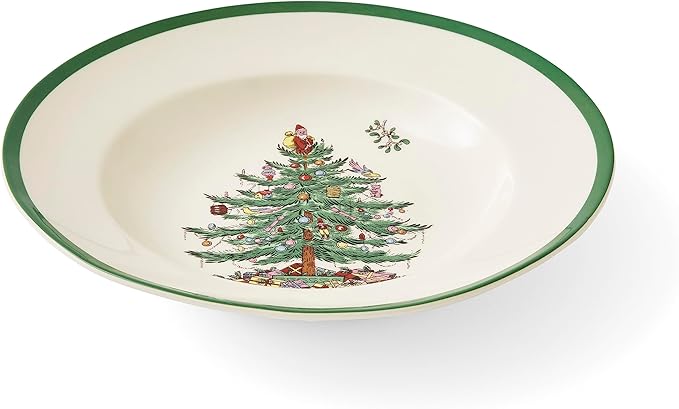 Spode Christmas Tree 9" Soup Plate (Set of 4) - Stoneware Soup Bowls with Festive Tree Design & Green Rim, Ideal for Serving Soup, Pasta, Salad - Microwave & Dishwasher Safe Holiday Dinnerware