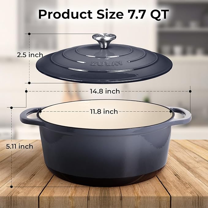 Zulay Kitchen 7.7 Quart Enameled Cast Iron Dutch Oven with Lid, Silicone Trivet & Heat Pad – Premium Durability & Oven Safe up to 500°F – Heavy Duty Cookware Perfect for Bread Baking, Stews, Braising & Roasting – Gray