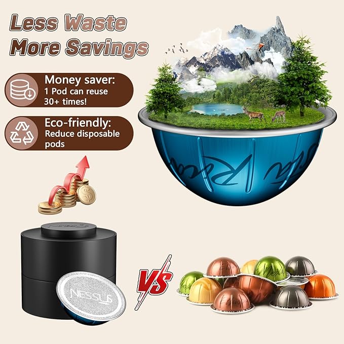 Reusable Pods Kit for Nespresso Vertuo, Refillable Vertuo Coffee Pods Espresso Accessories with 100 pcs Foil Seals Lids, Holder and Brush for Nespresso Vertuo Plus Next Capsule Machine