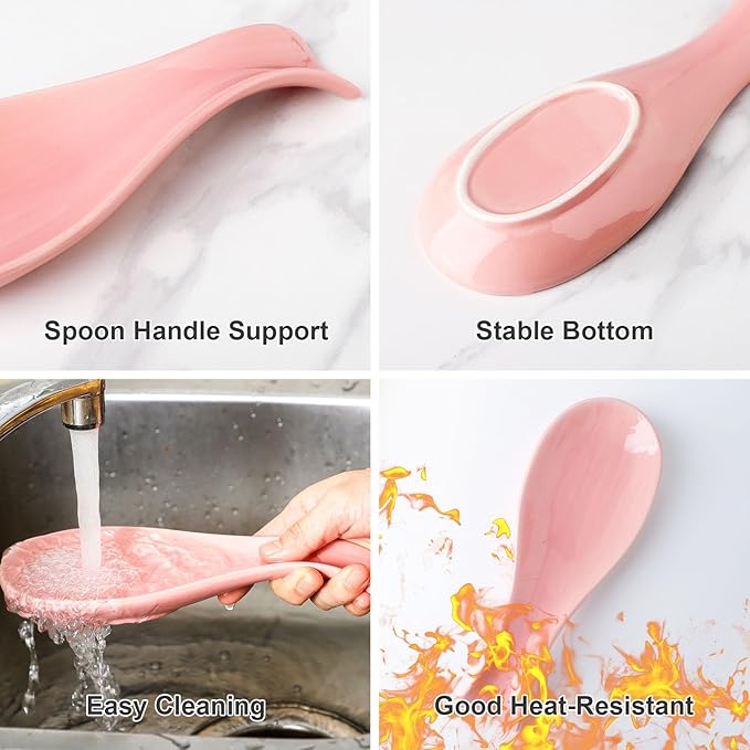 Hasense Spoon Rest for Stove Top, Large Ceramic Spoon Holder for Kitchen Counter, Cooking Utensil Rest for Spatula Ladle Spoon and Tong, Kitchen Spoon Rest for Home and Coffee Bar Accessories, Pink