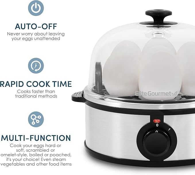 Elite Gourmet EGC648 Easy Electric Poacher, Omelet Eggs & Soft, Medium, Hard-Boiled Egg Boiler Cooker with Auto Shut-Off and Buzzer, Measuring Cup Included, BPA Free, Stainless Steel 7 Egg