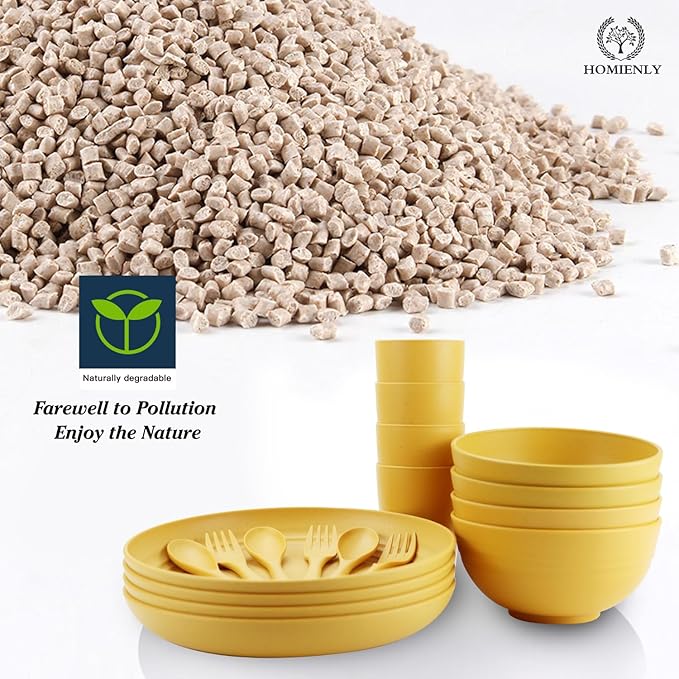 Homienly Wheat Straw Dinnerware Sets, 20pcs Unbreakable Microwave Dishwasher Safe Tableware Lightweight Bowls, Cups, Plates Set Reusable Dinner Plates Bowls set (Yellow)