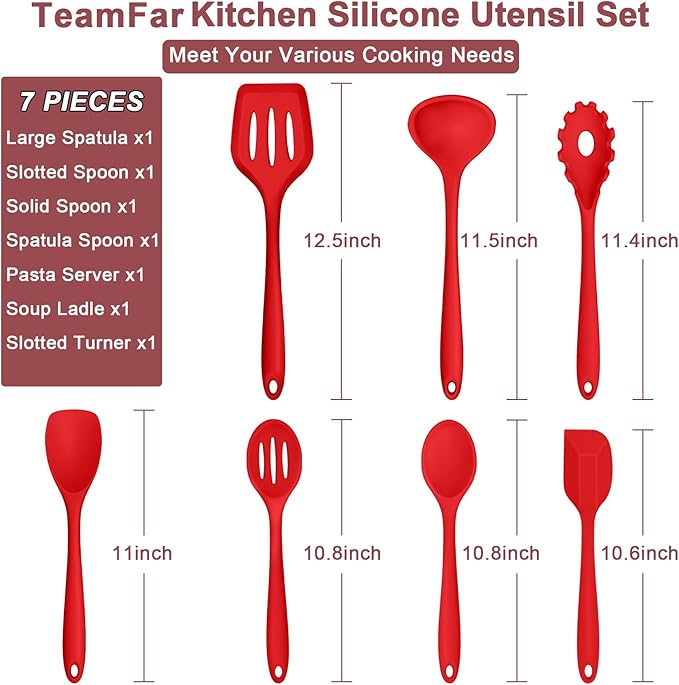 TeamFar Kitchen Utensils, 7 PCS Silicone Cooking Baking Utensil, Non-Stick Kitchen Gadgets with Ladle Spatula Spoon Turner Pasta Server, Non-Toxic & One Piece, Heat Resistant & Dishwasher Safe-Red