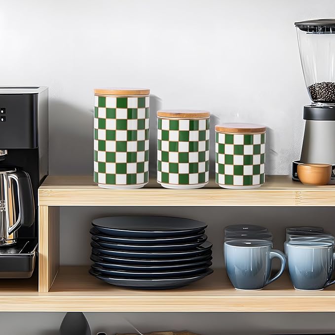 Kitchen countertop ceramic grid pattern airtight jar set - a set of 3 kitchen jars with layered shelves, sealed countertop flour and sugar containers, coffee and tea storage (Green)