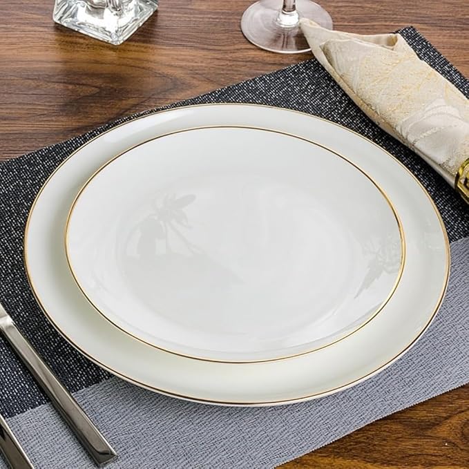 10.5” Porcelain Coupe Dinner Plates with Golden Rim, Stackable Off-White Ceramic and Round, Perfect for Salad, Dessert, Steak, Pasta (Set of 6)