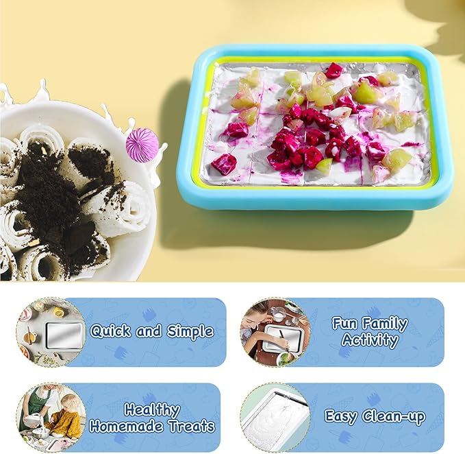 Mini Rolled Ice Cream Maker, Frozen Yogurt Rolls Tray, Instant Cold Plate Ice Cream Maker, Homemade DIY Smoothies, Ideal for Family Hands-on Activities (Lake Blue)