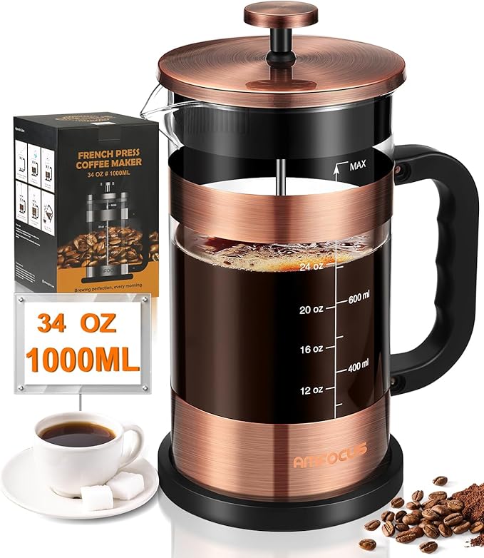 French Press Coffee Maker - 34 Ounce Classice Stainless Steel Coffee Press with 4-Level Filtration System, Heat Resistant Thickness Borosilicate Glass French Press Coffee Pot for Camping Travel Gift