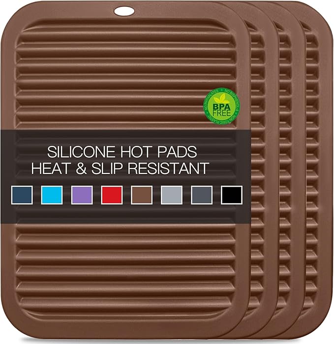 4 Pack Silicone Trivets for Hot Dishes Large 446°F Heat Resistant Pot Holder Hot Pads for Kitchen 9'' x 12' Brown Silicone Trivet Mat for Hot Pots and Pans, Jar Opener, Drying Mat