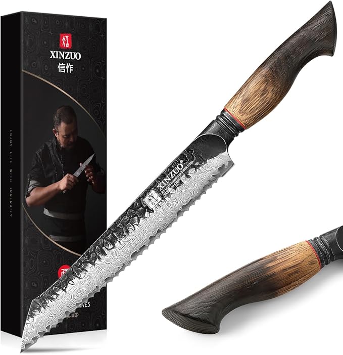 XINZUO Bread Knife For Homemade,Serrated Bread Knife 8.5 Inch Damascus Steel Sharp Slicer Less Crumbs For Bagels, Sourdough, And Soft Produce With Wood Handle