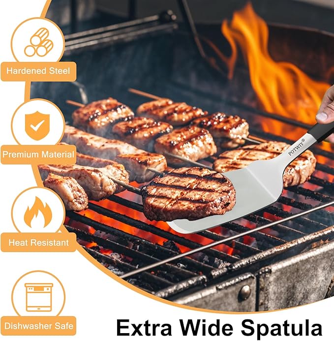 2-Piece Stainless Steel Spatulas Set, 13.3" & 11.3" Metal Spatula for Cooking Cast Iron Skillet and Flat Top Grill, Heavy Duty Turner with Silicone Handle for Flipping Steak, Burgers, Pancake