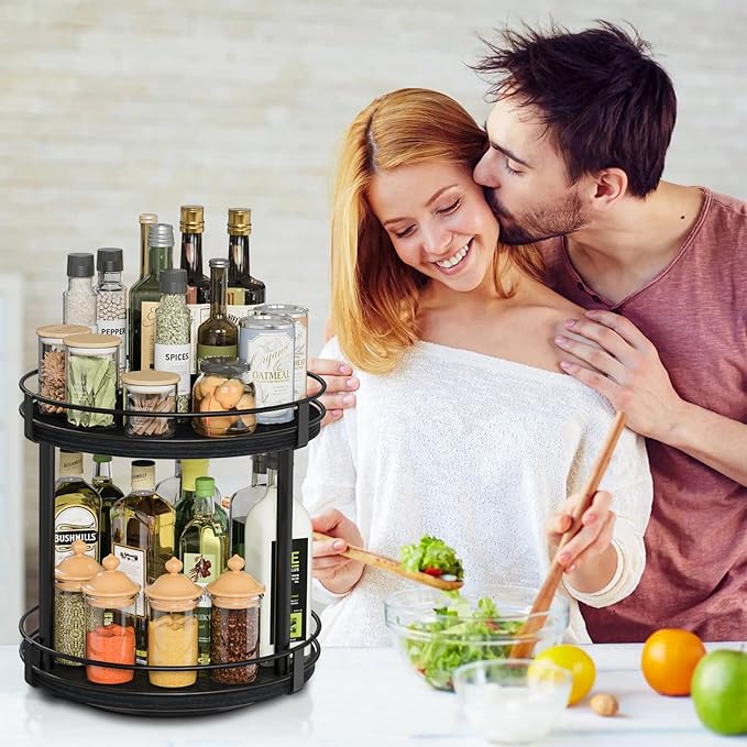 Snughome Lazy Susan Spice Rack, 2 Tier Rotating Spice Rack, Wood Lazy Susan Organizer for Cabinet, Black Kitchen Counter Shelf, 10.2" x 10.2" x 10.4"