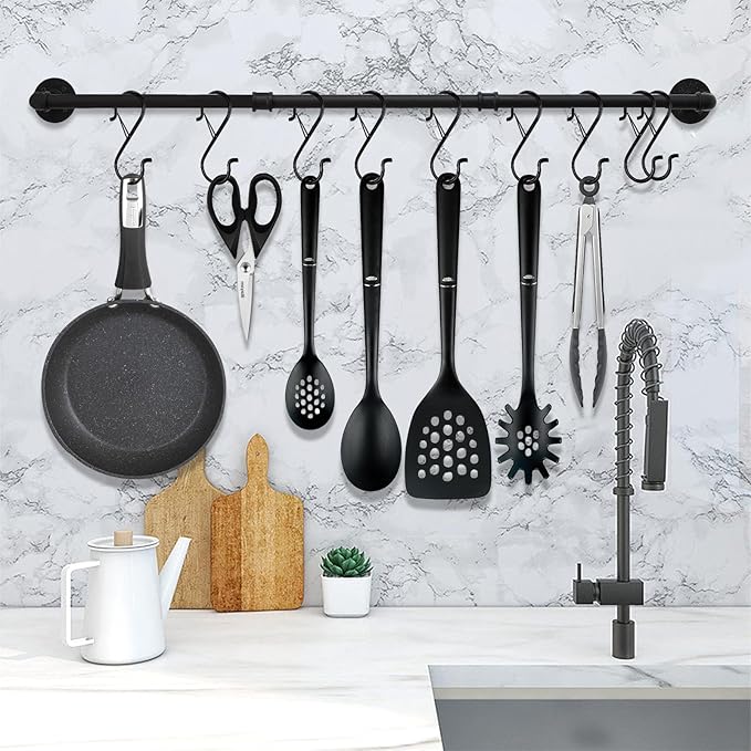 12PCS S Hooks for Hanging,3.5 Inch Heavy Duty Closet Hooks with Safety Buckle,Closet Hooks Hanging for Plants,Clothes,Kitchen Utensil,String Lights,Handbags,Belt, Hat, Cup, Tie (Black)