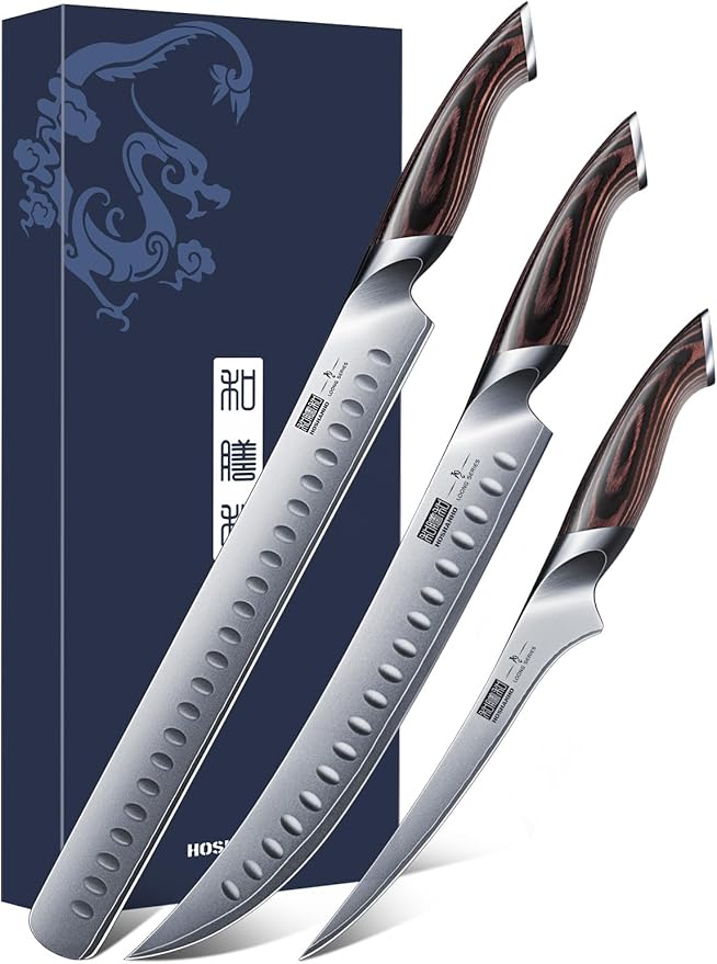 Carving Knife Set 3PCS, Japanese High Carbon Steel Brisket Slicing Knife Sets with Ergonomic Pakkawood Handle, Butcher Knife Breaking Knife Boning Knife for Meat Cutting