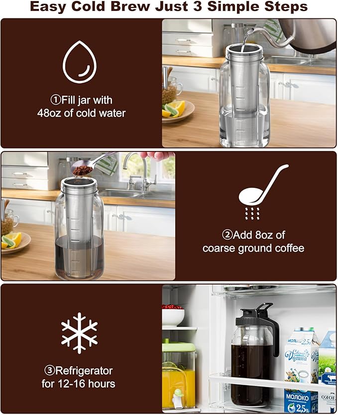 Cold Brew Coffee Maker 64oz, Iced Coffee Maker with 304 Stainless Steel Filter, Mason Jar Pitcher with Lid and Spout (Black)