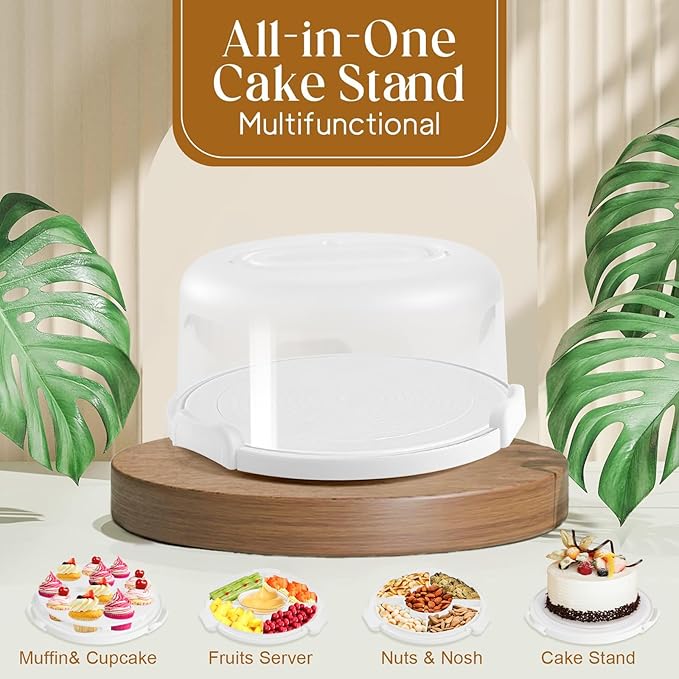 Cake Carrier with Lid and Handle, Multipurpose Cake Stand Fits 10 inch Cake, Cupcake Containers for 11 Cupcakes,Cake Holder Serves as Five Section Serving Tray, Portable Cake Carriers, White