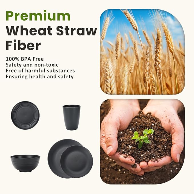 Homienly 40-Pieces Wheat Straw Dinnerware Set, Kitchen Plastic Wheat Straw Dinnerware Set - Service for 8, Unbreakable Lightweight Dish Set for Kitchen, Camping - Plates Set, Bowls, Cups Set(Black)