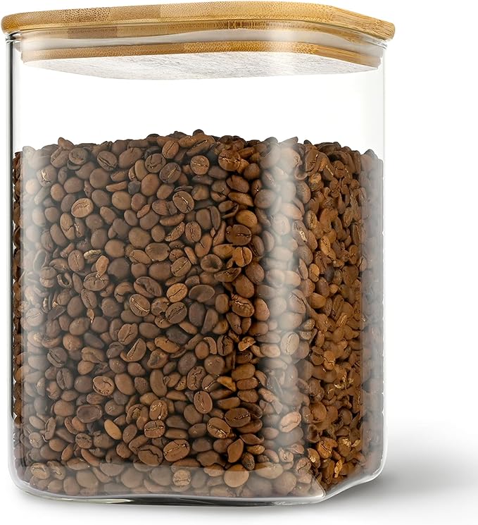 122oz Airtight Glass Square Storage Canister with Bamboo Lid Set of 1 (3600ml) Gallon Glass Jars Large Kitchen Canister for Sugar, Flour, Cookies and Coffee beans (with Black Lable)