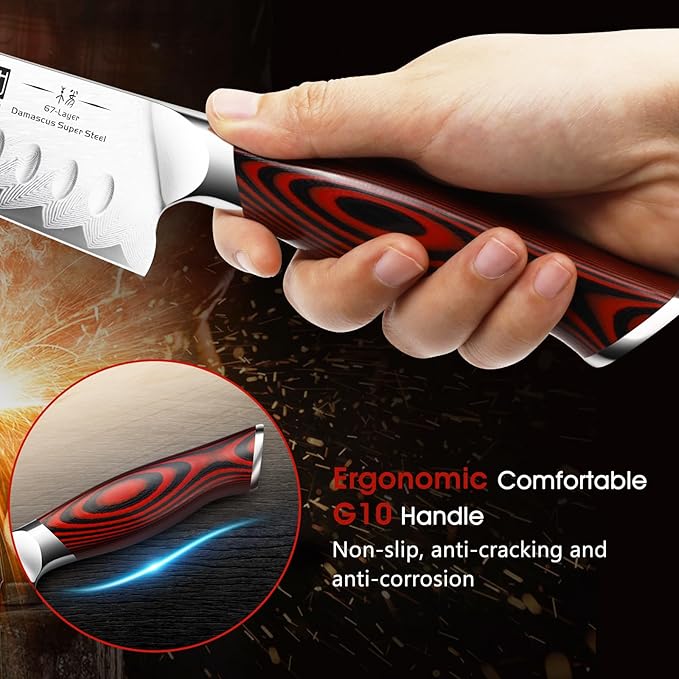 Damascus Santoku Knife, 7 Inch Professiona Kitchen Knife, Damascus Super Steel Ultra-Sharp Santoku Chef Knife with Ergonomic G10 Handle
