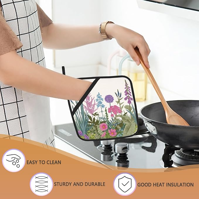 Weed Pot Holder Set of 2,Herbs and Wild Flowers Kitchen Heat Resistant Potholder for Women Men BBQ Cooking Baking