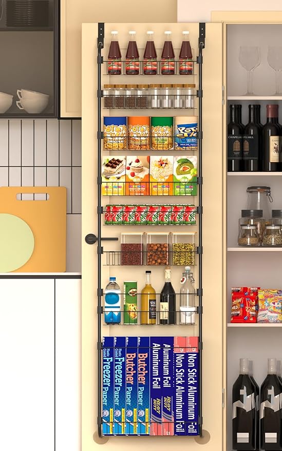 8-Tier Over The Door Pantry Organizers, Pantry Door Organizer and Storage with Adjustable Baskets,Heavy-Duty Metal Spice Rack,essential kitchen and home Shelves (Black)