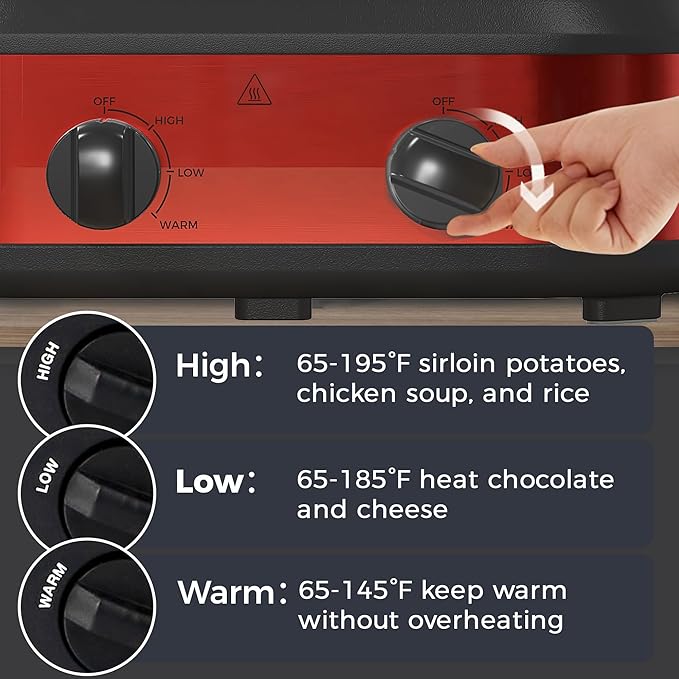 Triple Slow Cooker, 3 x 1.5 QT Portable Small Dual Crock Cooker, Buffet Servers and Warmers Dishwasher Safe, Removable Ceramic Pot Glass Lid, Stainless Steel, Red