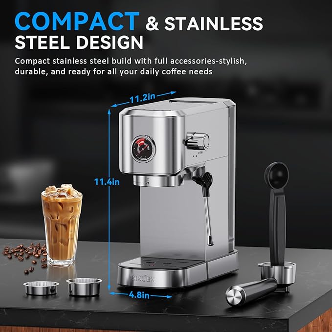 20Bar Espresso Machine, Compact Espresso Maker with Milk Frother, Stainless Steel Coffee Machine for Cappuccino&Latte, 42oz Water Tank, Visible Pressure Gauge, Home&Office, Silver