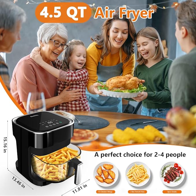 Glass Air Fryer with 8-in-1 Preset Cook Modes, 4.5 QT Transparent Viewing Pot, Non-Toxic, Dishwasher Safe, 97% Less Oil, Precise Temperature Control & Timer, Stainless Tray & Silicon Coaster Included