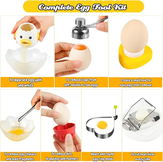 10-in-1 Egg Tool Set:1 Chalaza Remover Tongs,2 Piercers,2 Fry Rings,2 Brush Cleaners,1 Shell Opener,1 Egg Separator,1 Egg Slicer -All Essential Egg Prep Gadgets for Perfect Cooking