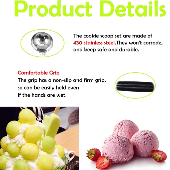 4 Pack Double Ended Headed Fruit Icecream Ball Spoon,430 Stainless Steel Melon Baller,Smooth Round Melon Balls Melon Scoop for Watermelon/Ice Cream/Fruits/Sorbet/Meatball