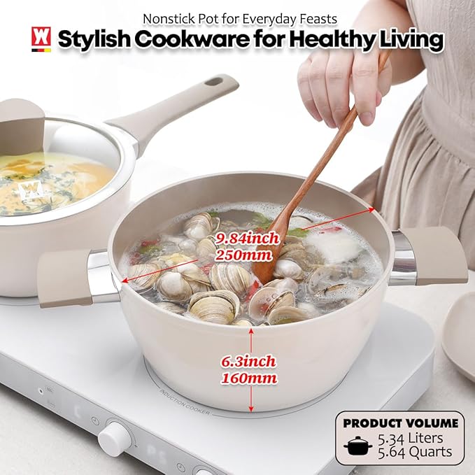 Aluminum Stock Pot with 7-Layered Ceramic Coating, Non-Stick Surface, Tempered Glass Lid, Dual Heat-Resistant Handles, PFOA, PFAS, Lead, Cadmium Free, All Cooktops 5.34L / 5.64Quarts