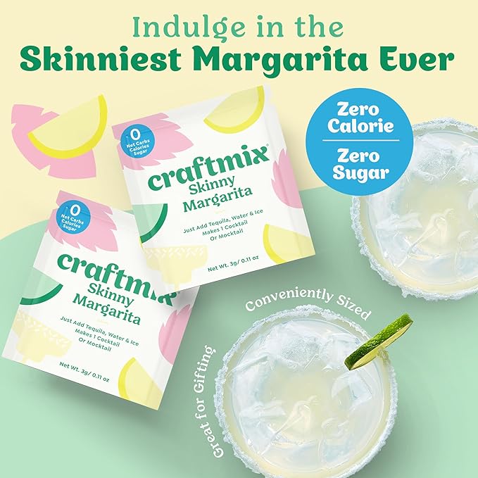 Craftmix Skinny Margarita Cocktail Mixers - Makes 12 Drinks - Zero Sugar, Zero Net Carbs, Zero Calories Mocktail Drink Mixers - Real Fruit - Vegan, Non-GMO, Dairy Free, Gluten Free