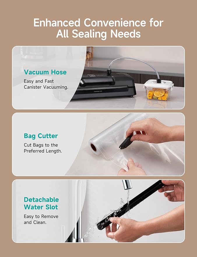 HiCOZY Vacuum Sealer for Food, Powerful Heat Food Sealer, Dry Moist 7-1 Multiple Automatic Modes, Easy-Lock Handle, Compact Design with 10 Vacuum Bags & 2 Bag Rolls, Bag Cutter Included, Black